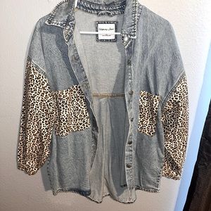 Denim Leopard Jacket Long Sleeve Button Down Shirt Oversized